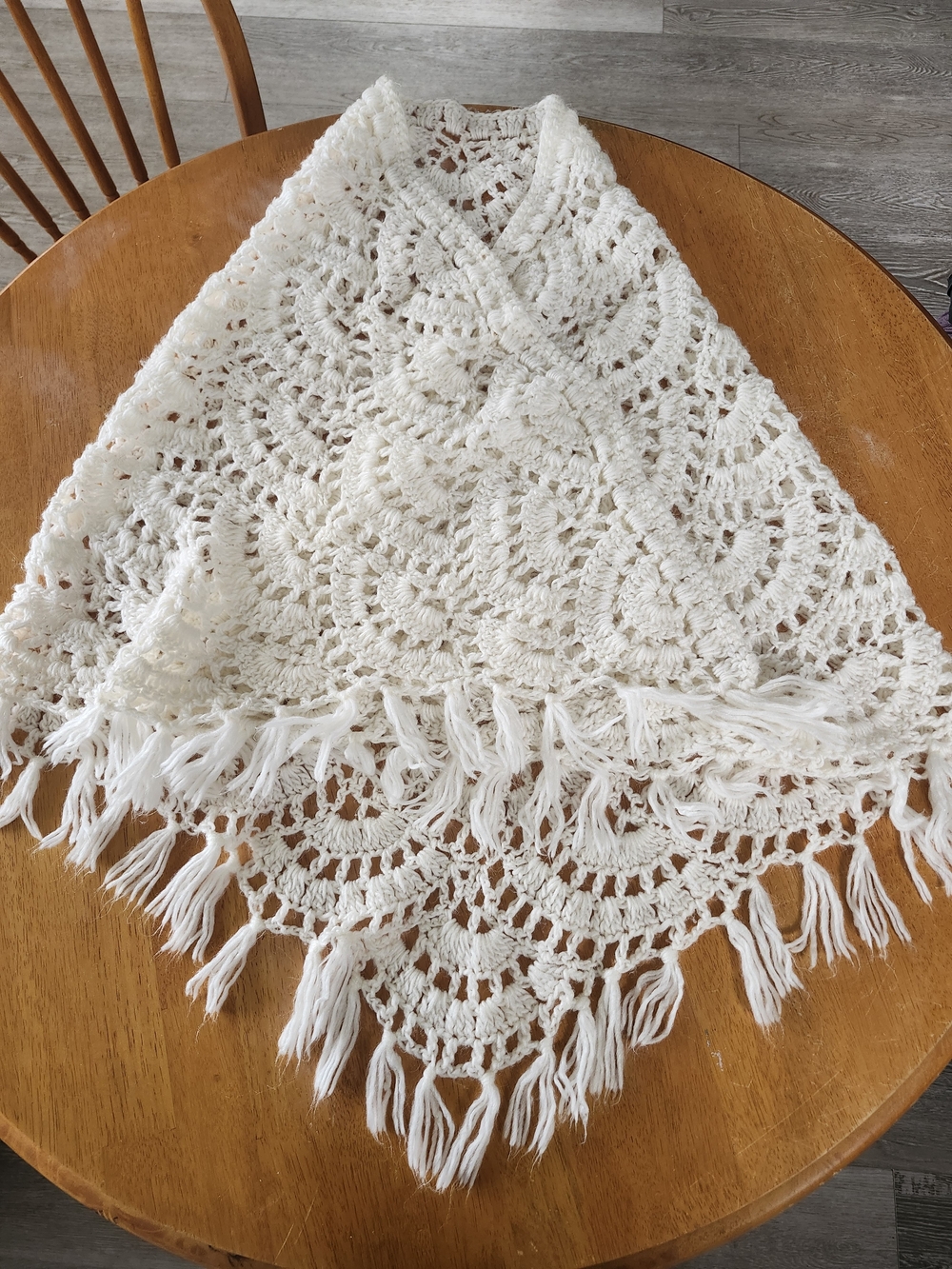Hand Knit Creamy White Wool Shawl 70" | Triangle Wrap with Tassels | Sustainable